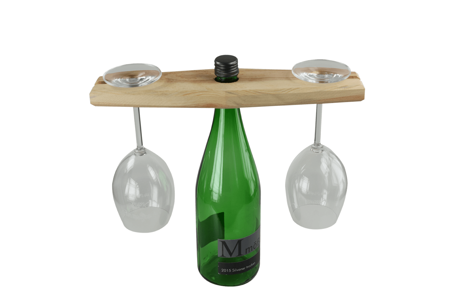 Holzhalter mit Loch um ihn auf einen Flaschenhals zu stecken und zwei Einfräsungen für Gläser