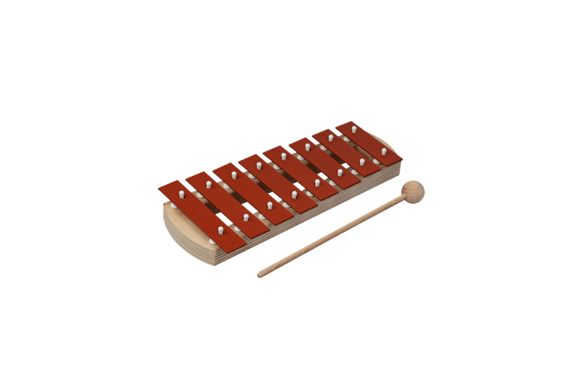 Metallophon, 1 Oktave mit Holzgestell und Metallplättchen und Holzklöppel