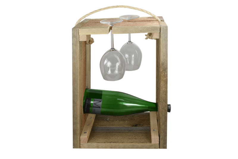 Holzhalterung für eine Weinflasche und zwei Gläsern zum Verschenken