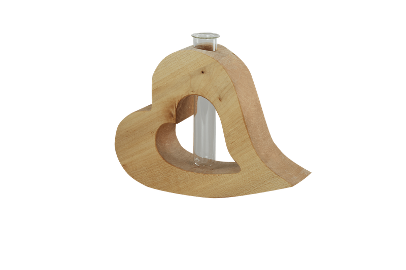 Herzvase aus Eiche mit Herzausschnitt und einem Reagenzglas