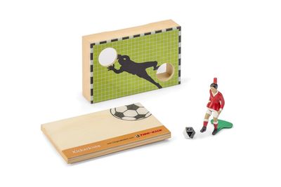 Tipp Kick - Kickerkiste aufgebautes Tipp Kick Spiel aus Holz (Holzkiste) mit Torwand, einem original Tipp Kick Männchen und einem Ball