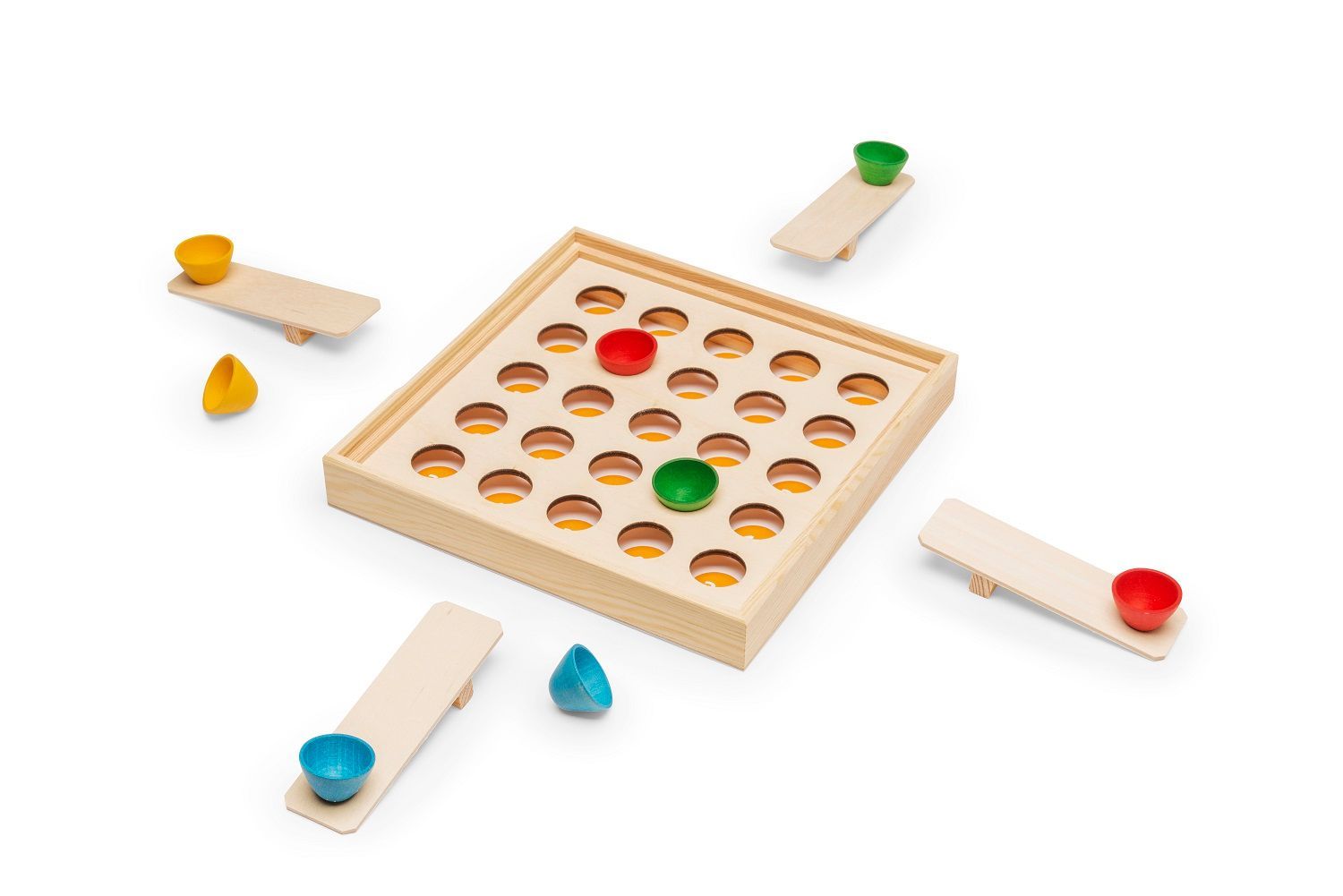 Lernspiel aus Holz - Huthüpfspiel Holzspiel aufgebaut mit 4 Holzwippen und 8 farbigen Holzhütchen und Einlegeblätter