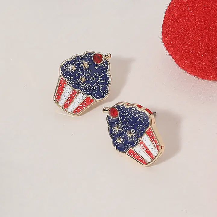 Glittered Enamel american USA Flag Cupcake Earrings