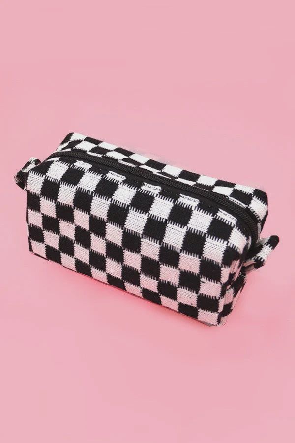 Checkered Makeup Bag, Color: Black