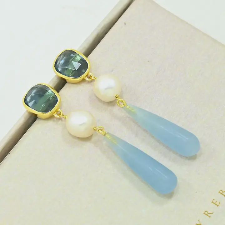 Scarlett Earrings, Color: Pearl &amp; Aquamarine Chalcedony