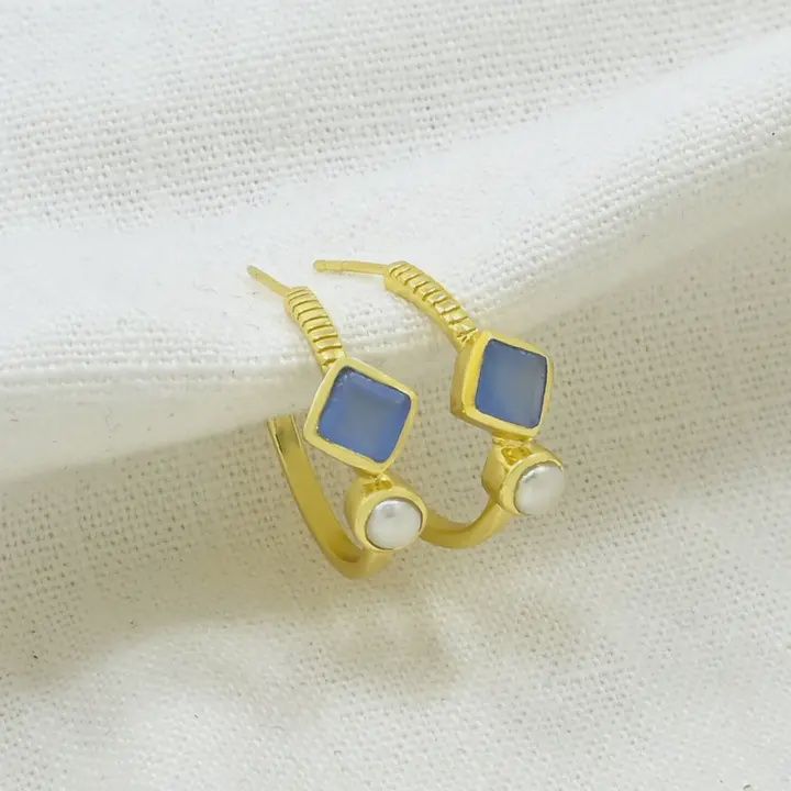 Freya Hoop Earrings, Color: Pearl &amp; Blue Chalcedony