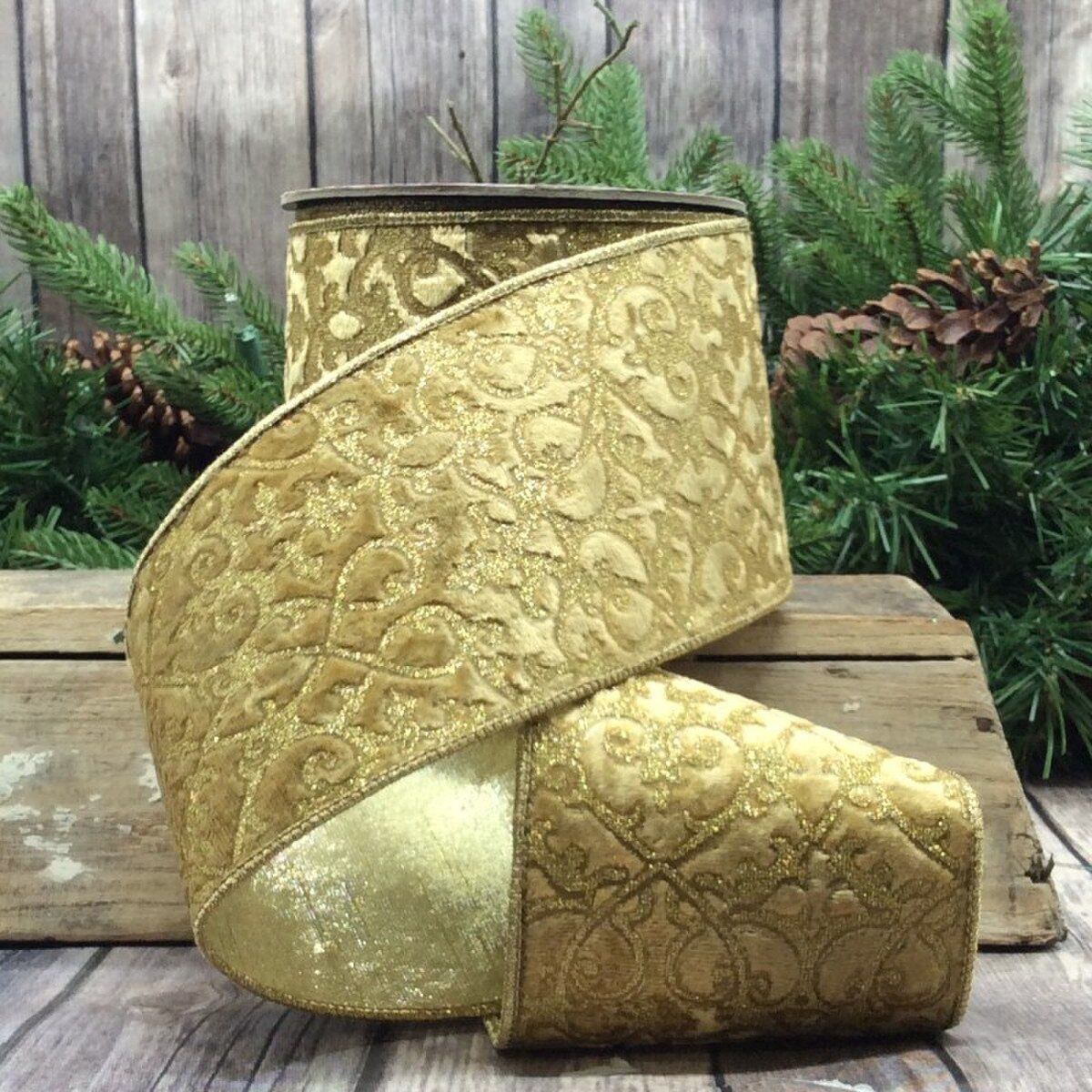 4" x 10YDS Velvet Glitter Treillage Gold