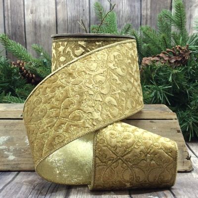 4" x 10YDS Velvet Glitter Treillage Gold