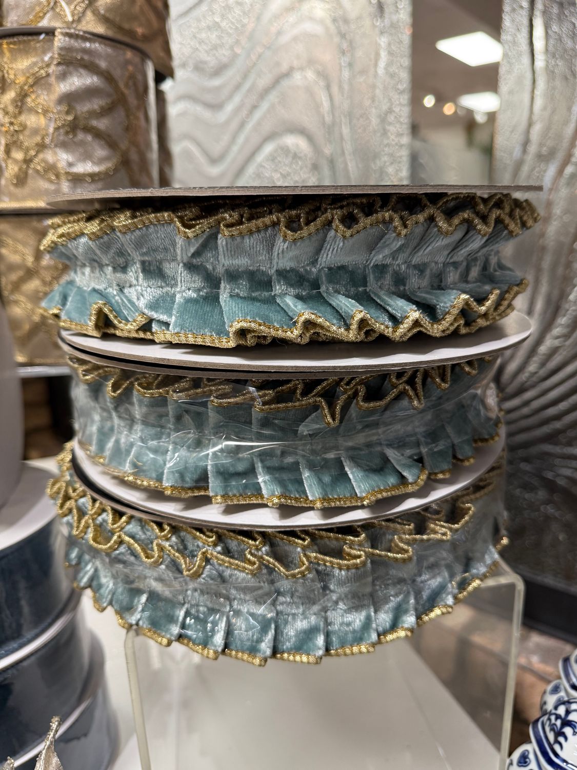 1.5" Velvet Pleated Metallic Dupion, Color: Aqua