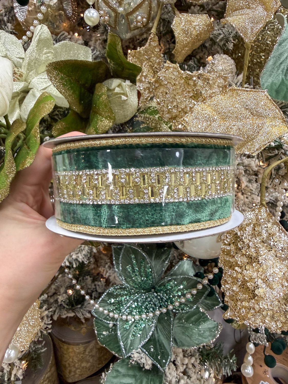 1.5" x 5YD Velvet Jeweled Center Trim DBL Fused, Color: Green