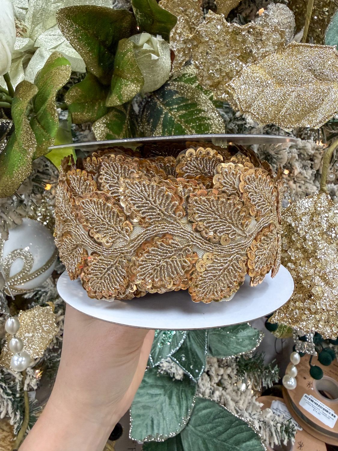 1" x 5YD Sequin Leaf Trim Metallic Dupion, Color: Gold/Platinum