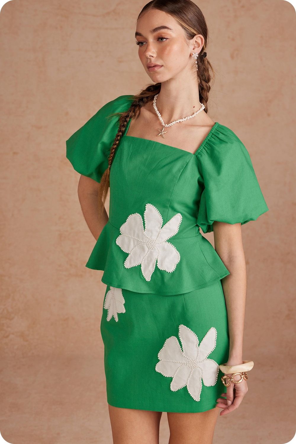 Georgette Top, Color: Emerald/Off White, Size: Small