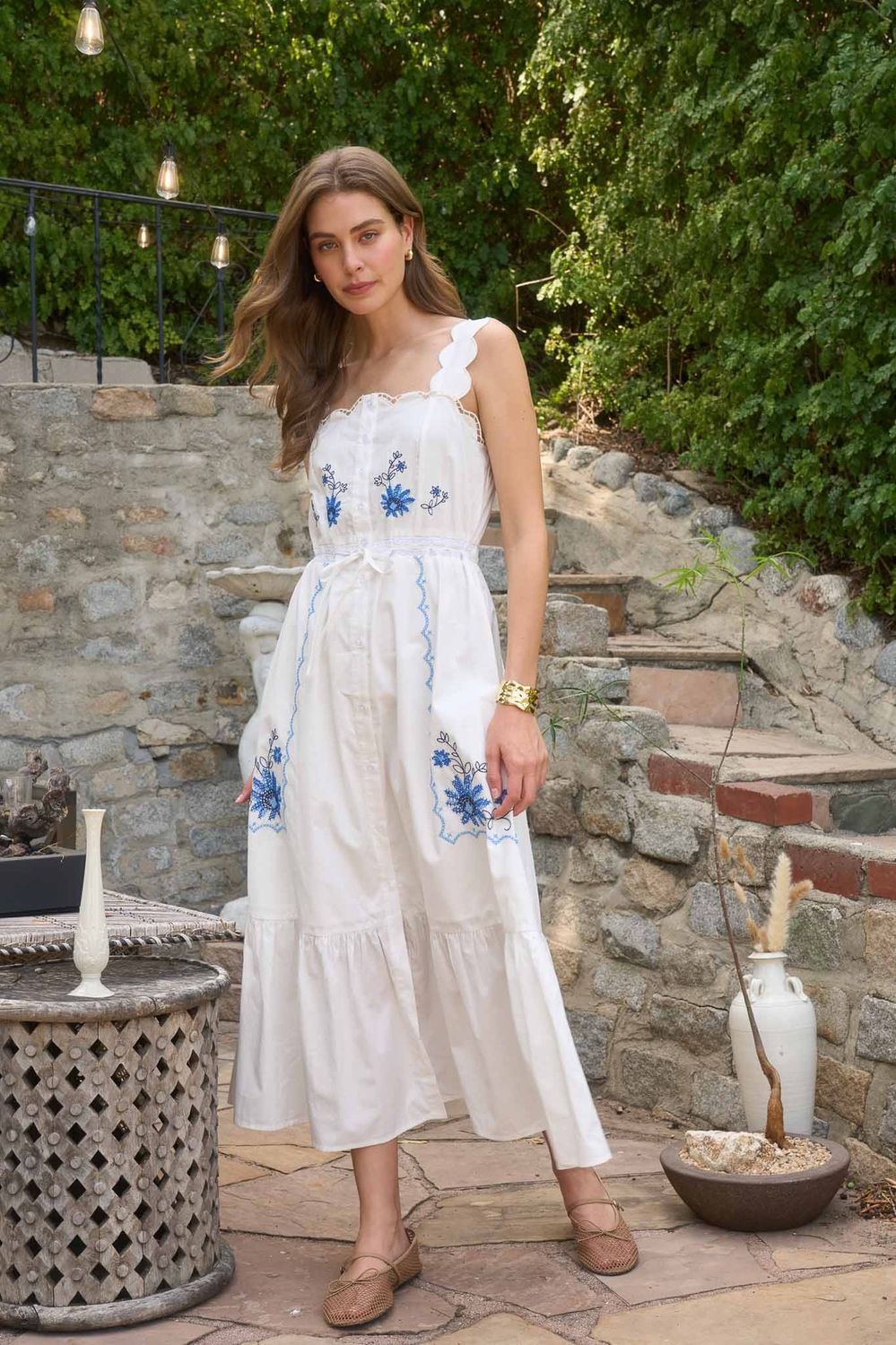 Carlee Midi Dress, Color: Off White/Blue, Size: XS