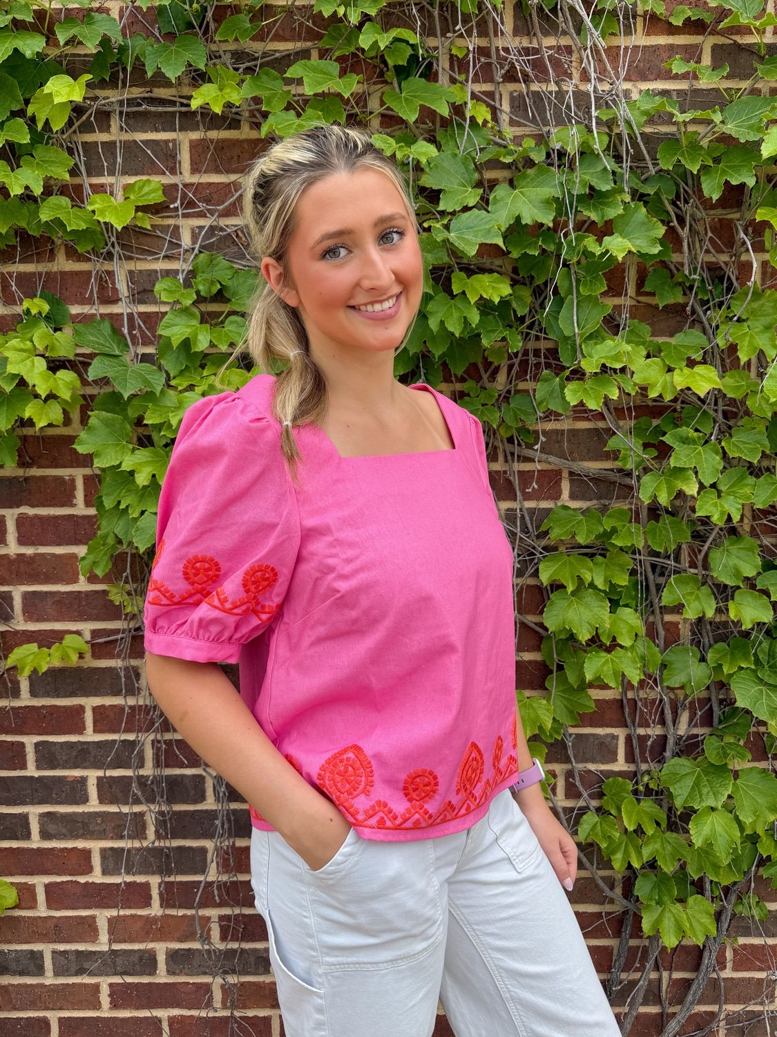 Belinda Puff Sleeve Top, Color: Bubblegum Pink/Orange, Size: Small