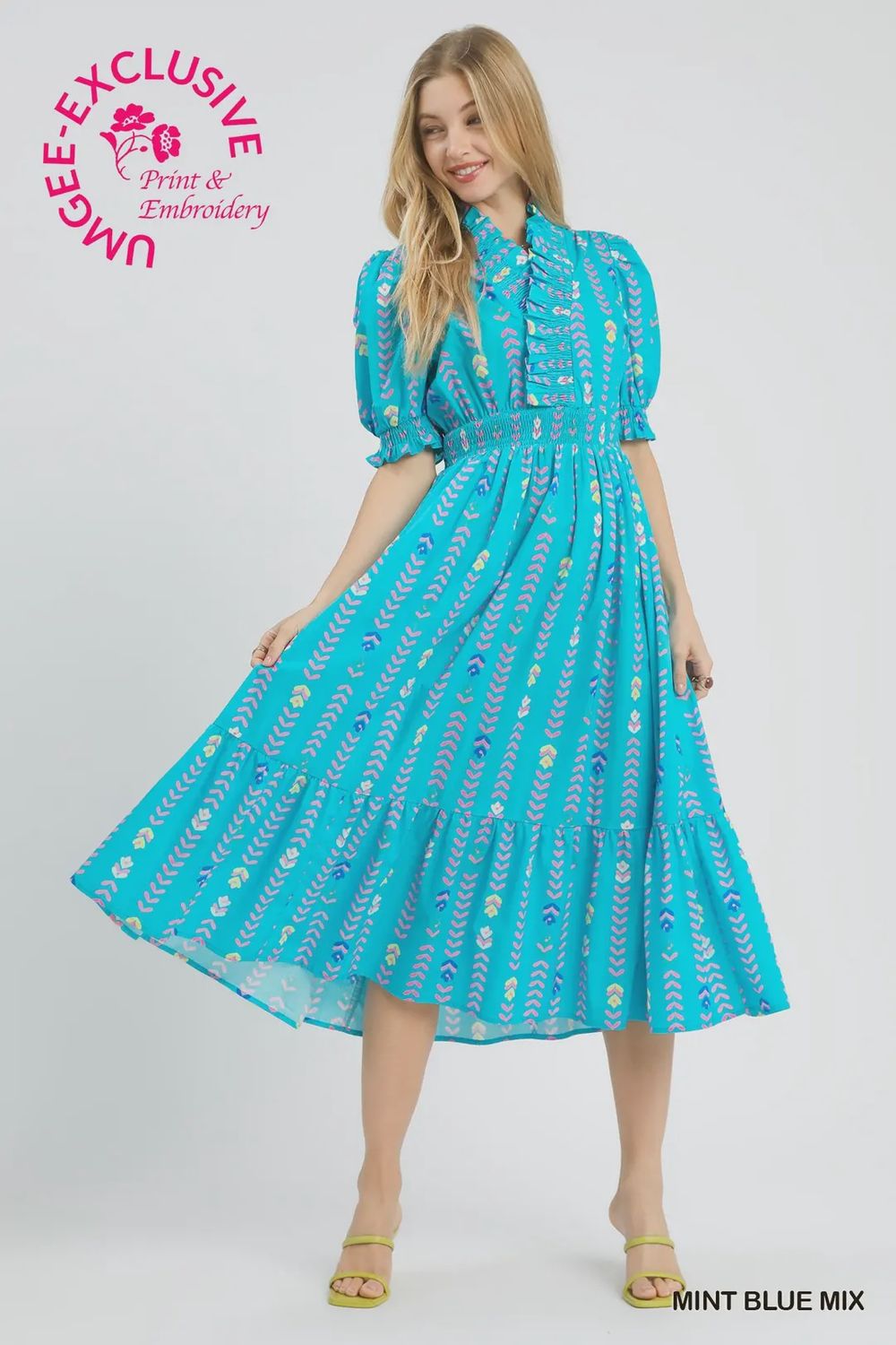 Amie Midi Dress, Color: Mint Blue Mix, Size: Small