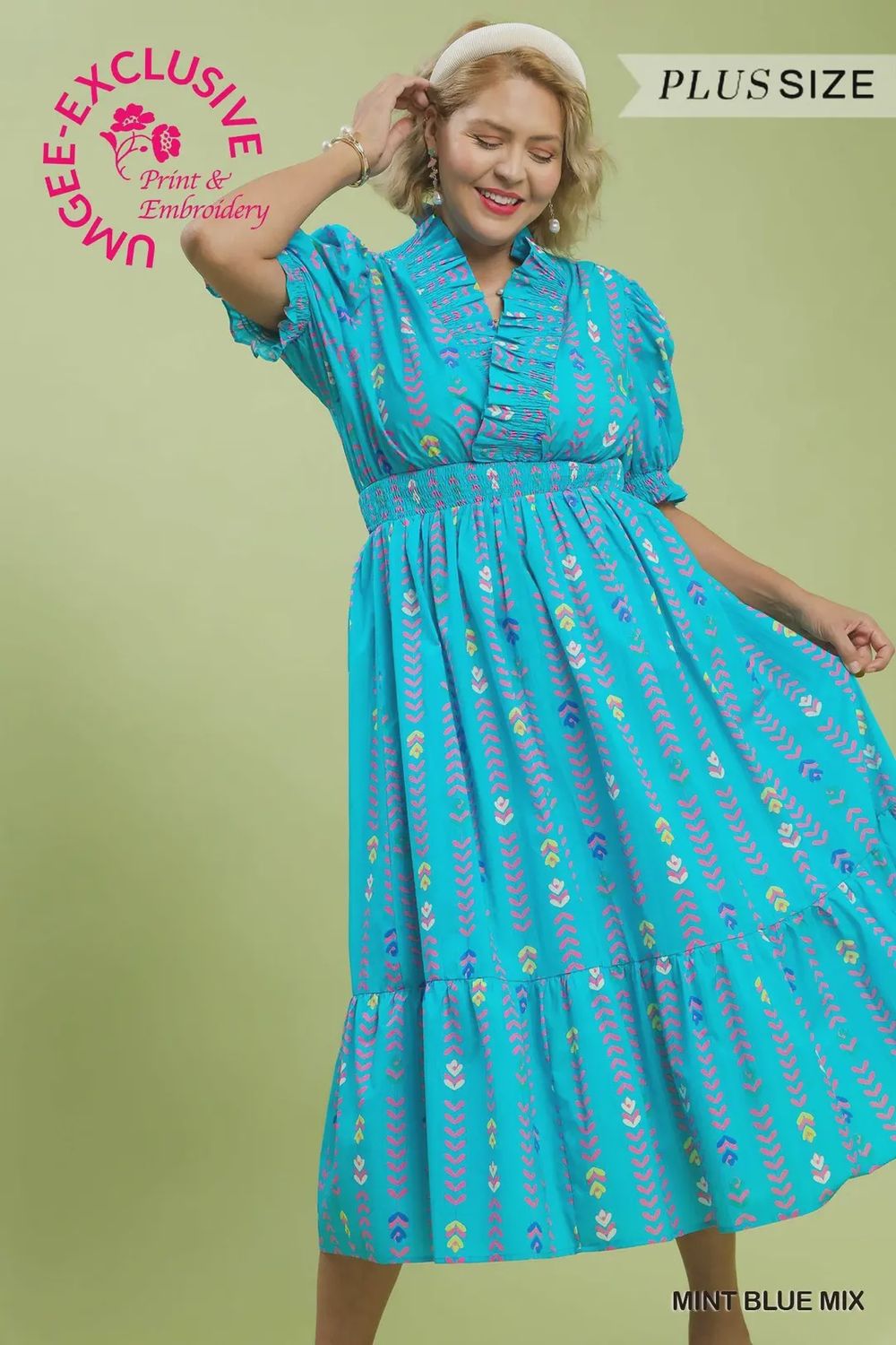 Courtney Midi Dress, Color: Mint Blue Mix, Size: XL