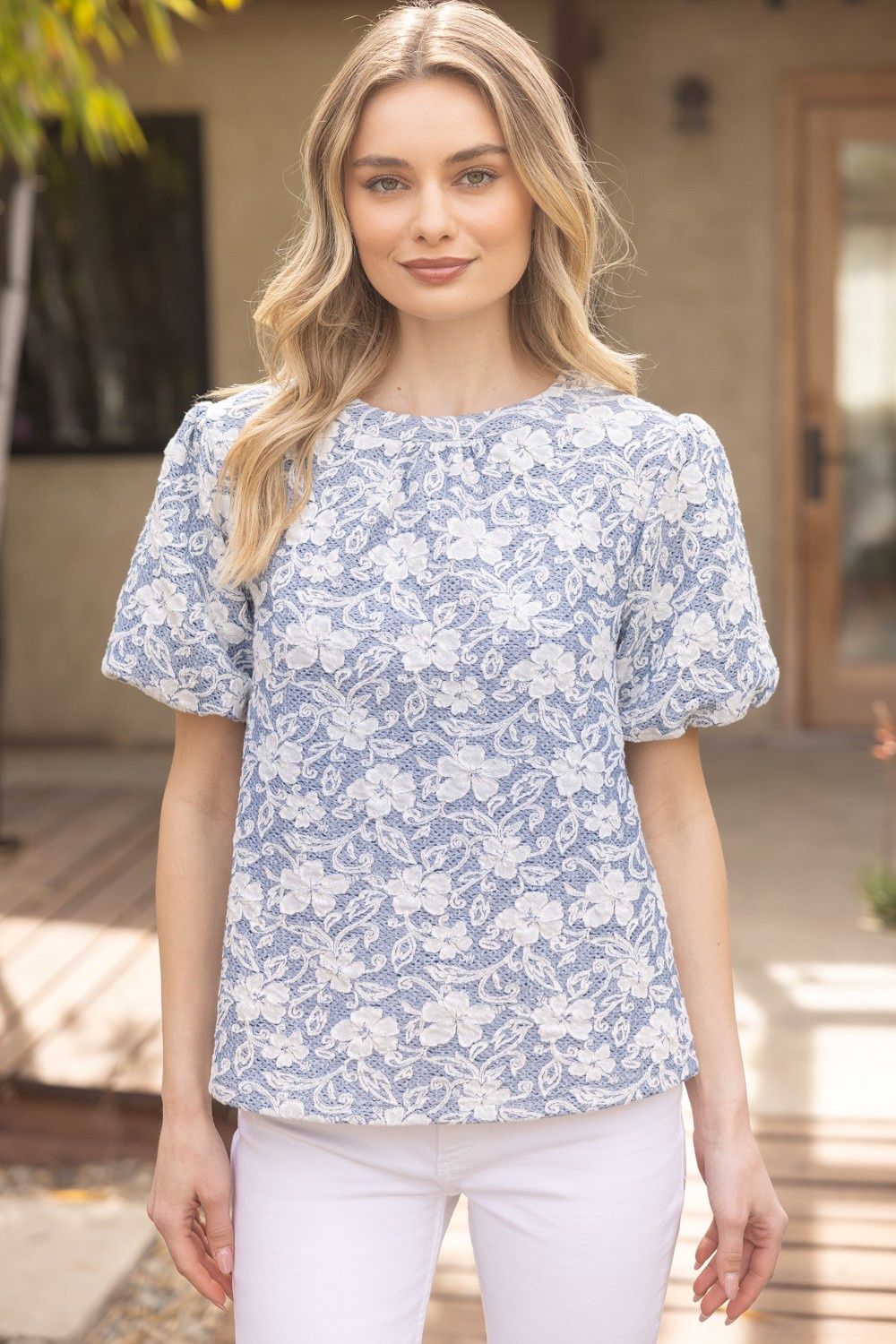 Gabrielle Embroidery Top, Color: Slate Blue, Size: Small