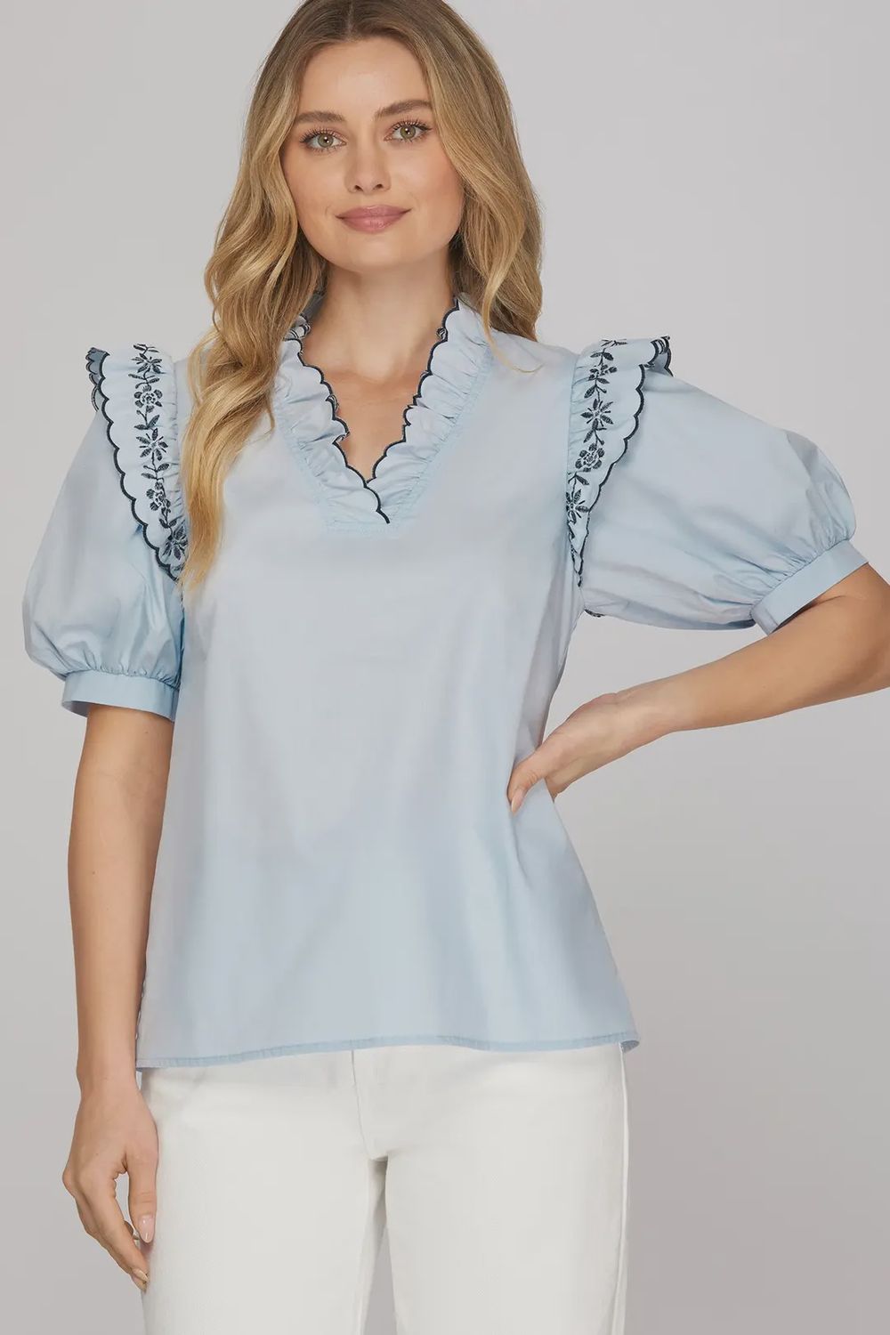 Abigail Embroidered Top, Color: Lt Blue, Size: Small