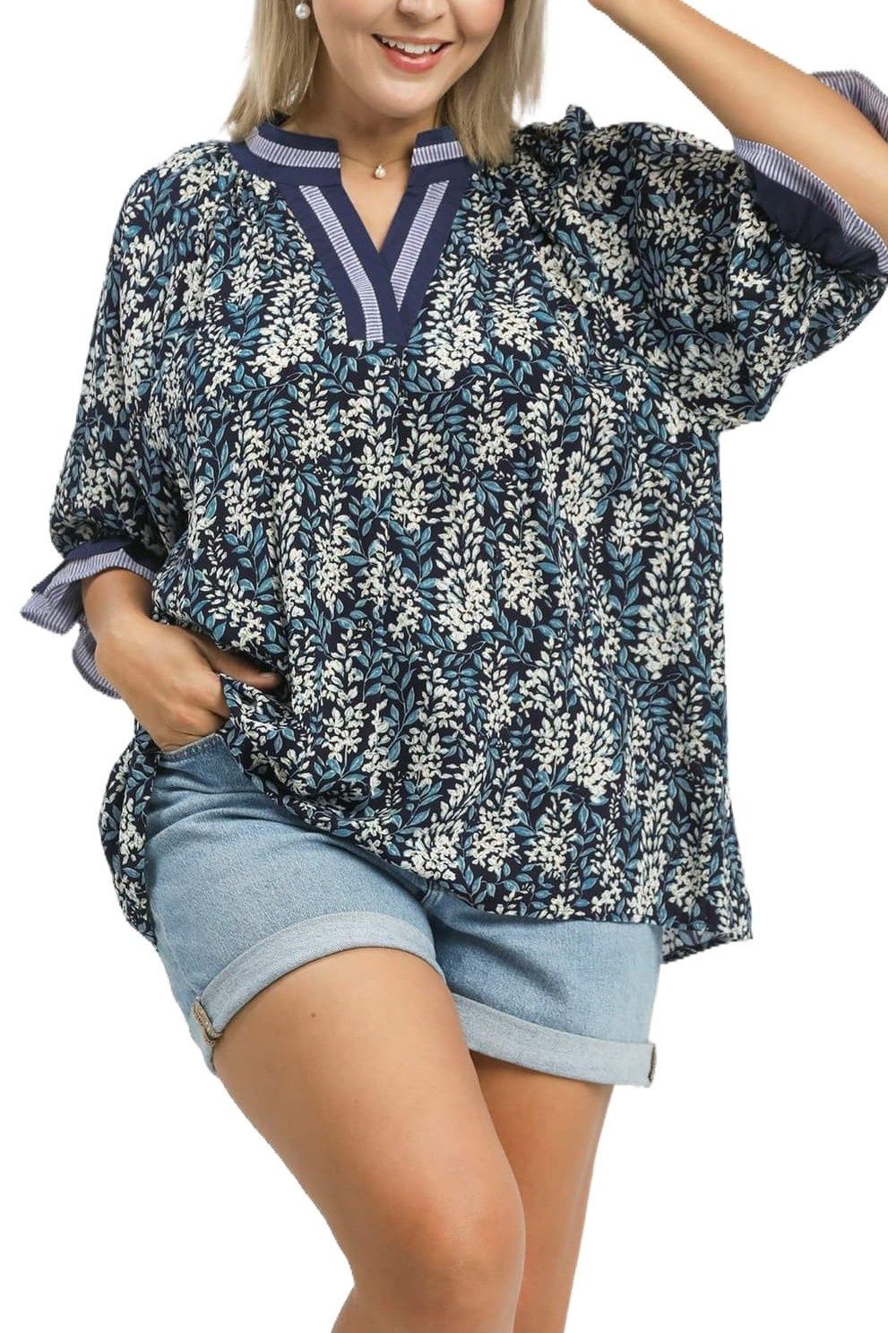 Sherry Collared Top, Color: Sky Mix, Size: XL