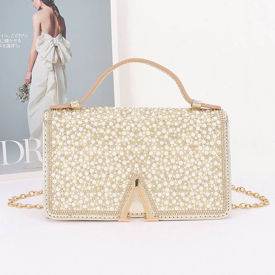 Rhinestone and Pearl Flap Clutch, Color: GD