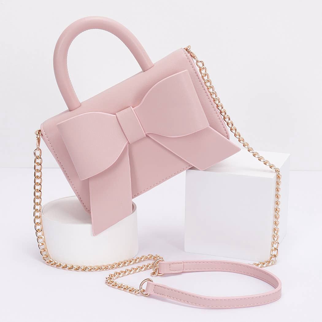 Faux Leather Ribbon Top Handle Bag, Color: PK