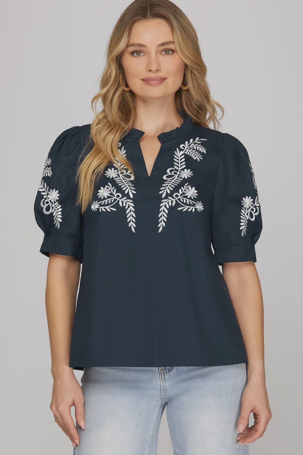 Emma Embroidered Top, Color: Navy, Size: Small