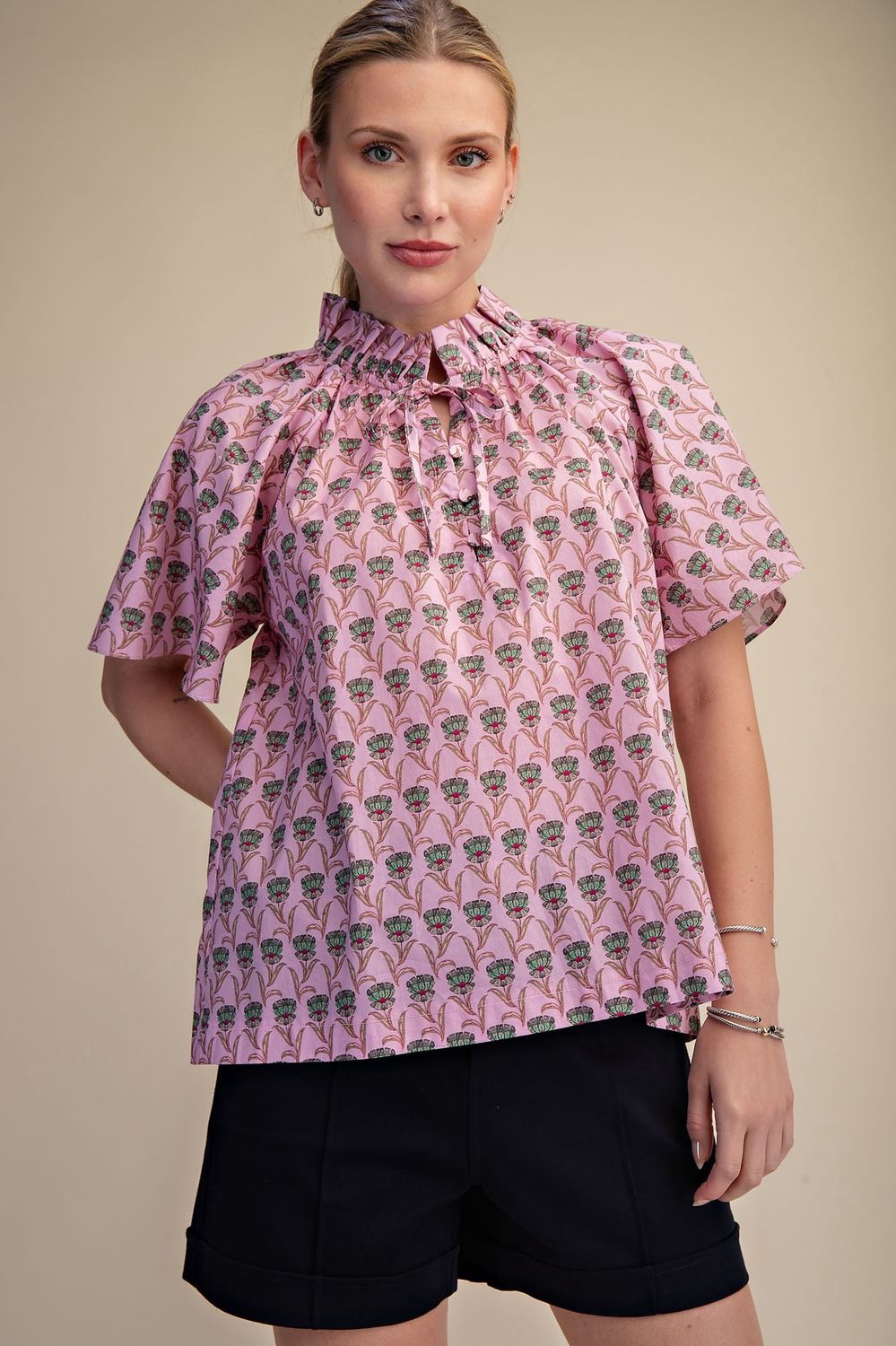 Susie Ruffle Neck Top, Color: Pink, Size: Small
