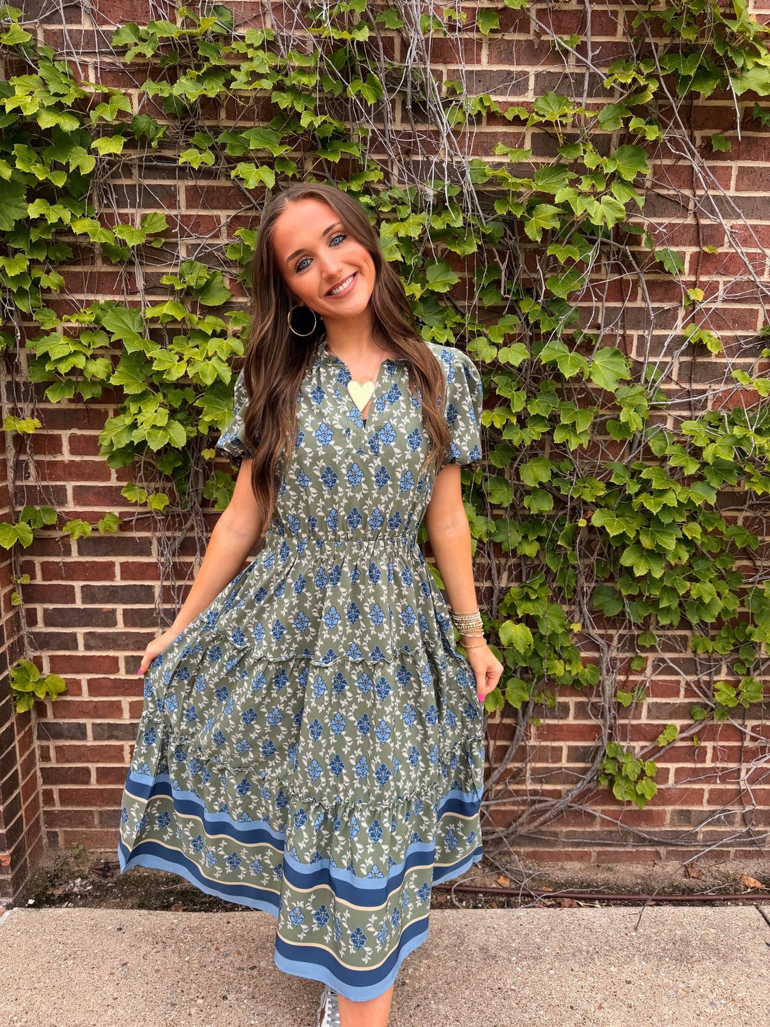 Lainey Midi Dress, Color: Damask Olive, Size: XS