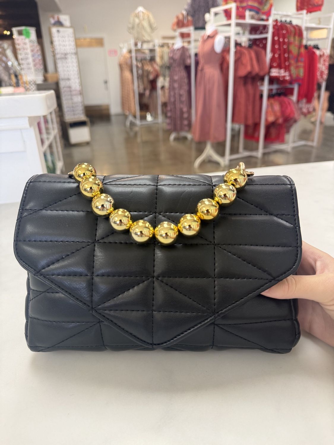 Quilted Faux Leather Flap Ball Chain Bag, Color: Black