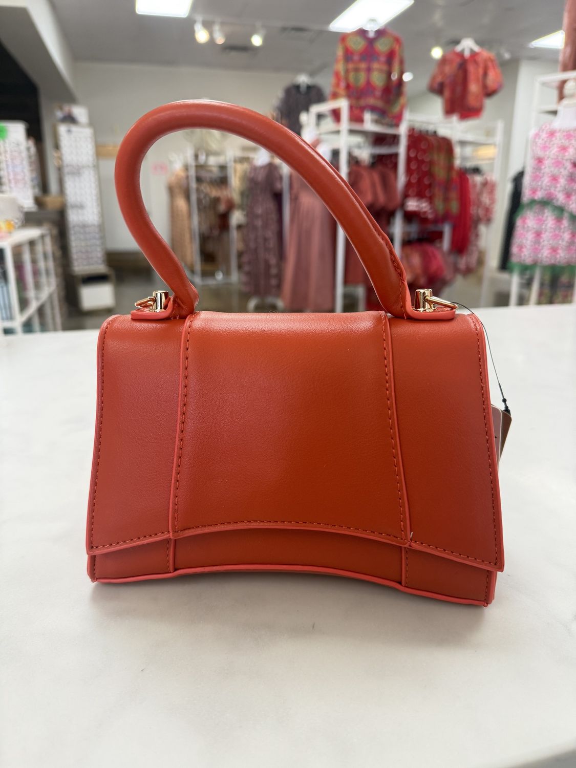 Faux Leather Top Handle Bag, Color: Dark Orange
