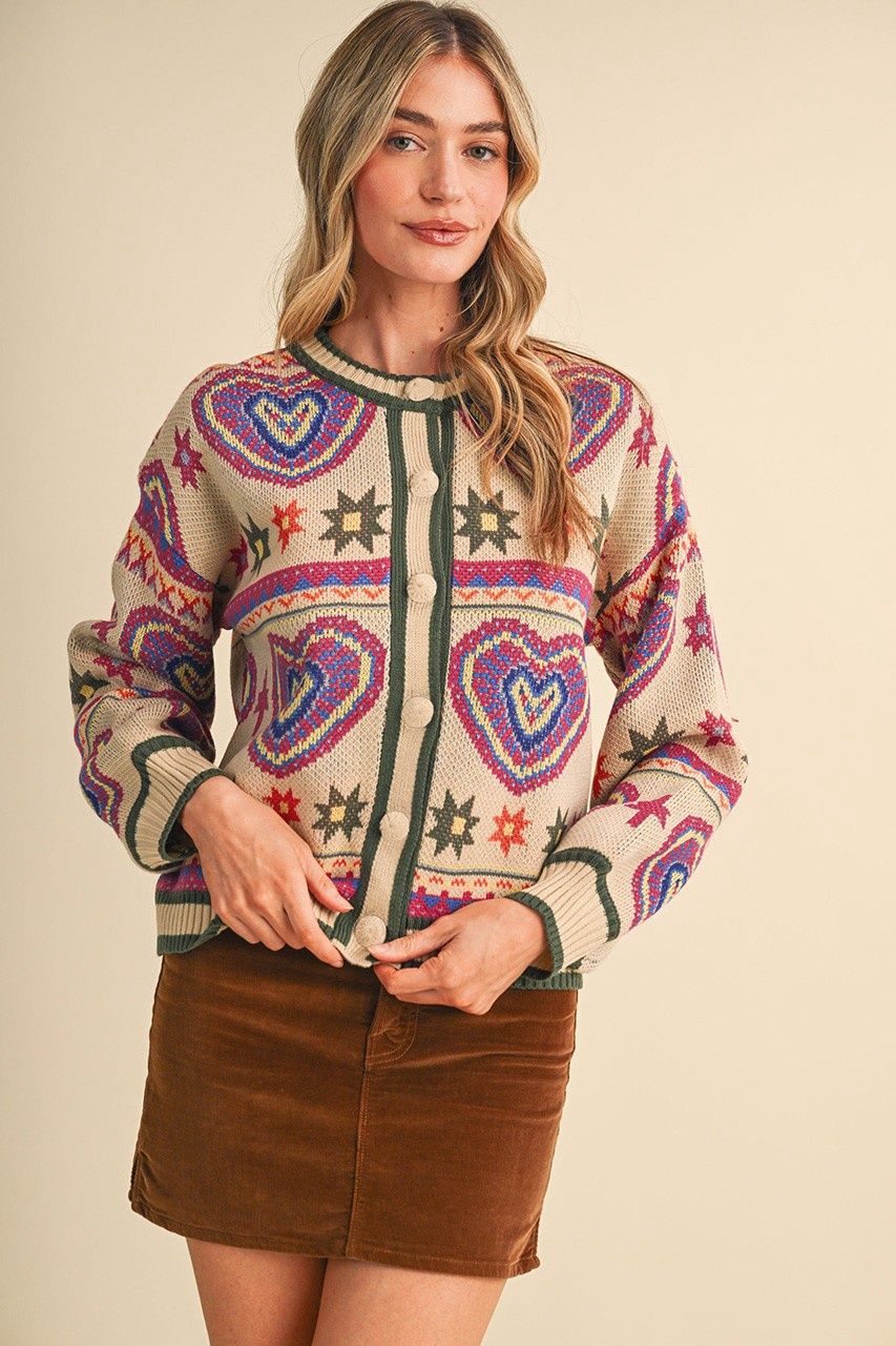 Lindsey Sweater Cardigan, Color: Oat Meal Fuchsia, Size: Small