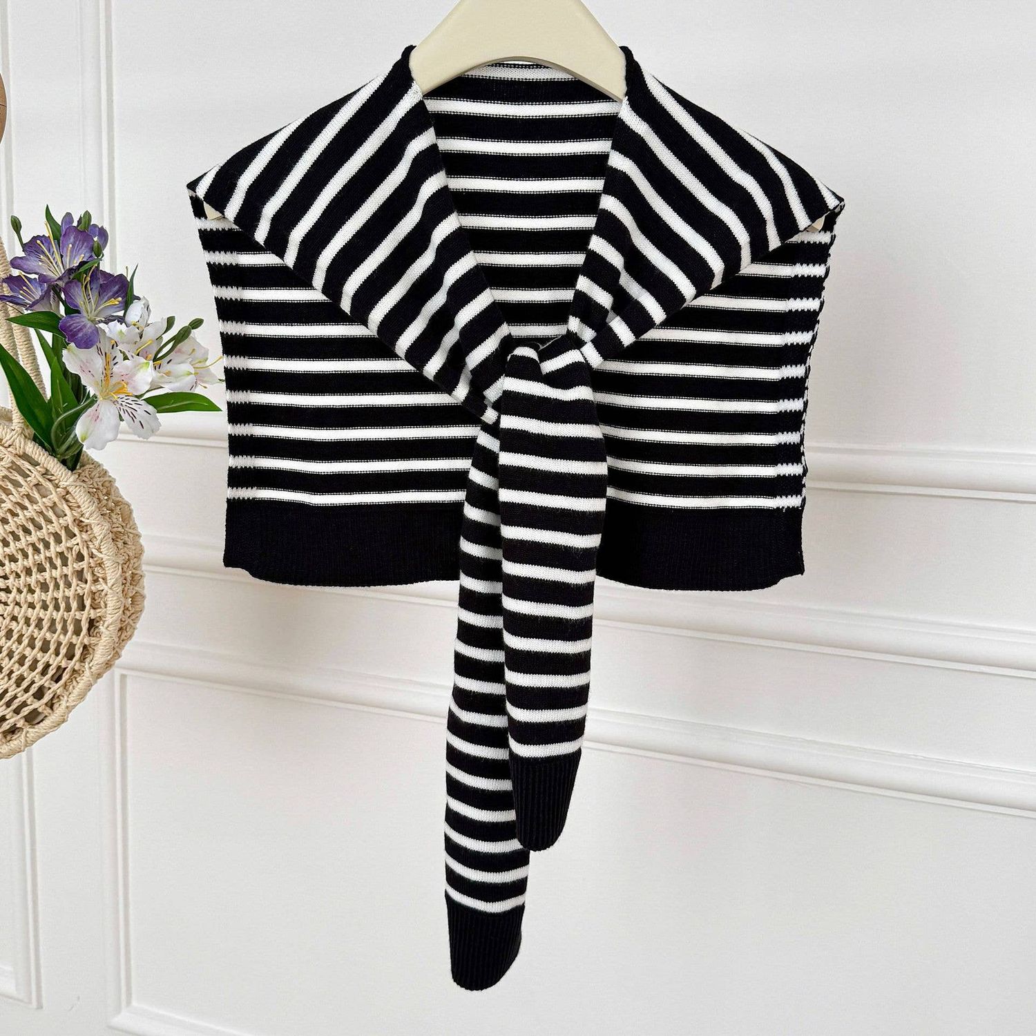 Breton Stripe Knit Tie-On Shoulder Scarf, Color: Black, Size: M