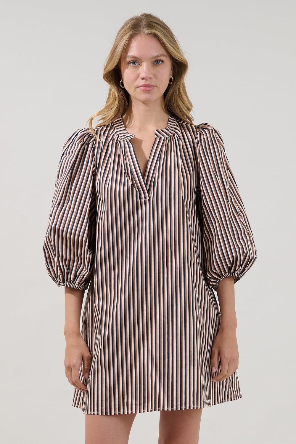 Victoria Shift Split Neck Mini Dress, Color: Brown, Size: XS
