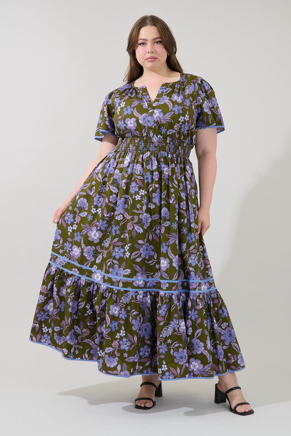 Ordy Smocked Midi Dress Reverie Curve, Color: Olive-Lavender, Size: 1X