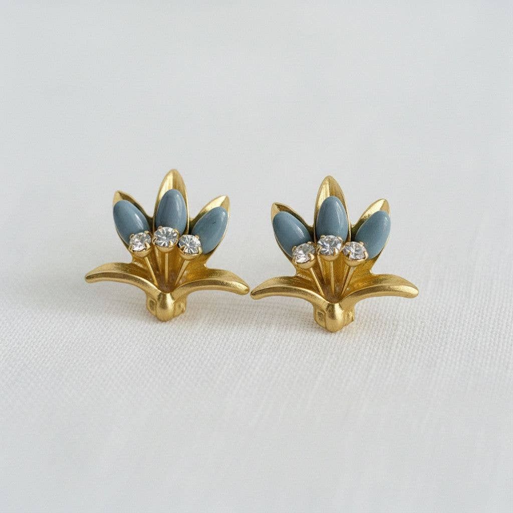 Vintage Floral Drop Earrings with Blue Accents