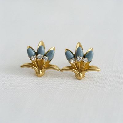 Vintage Floral Drop Earrings with Blue Accents
