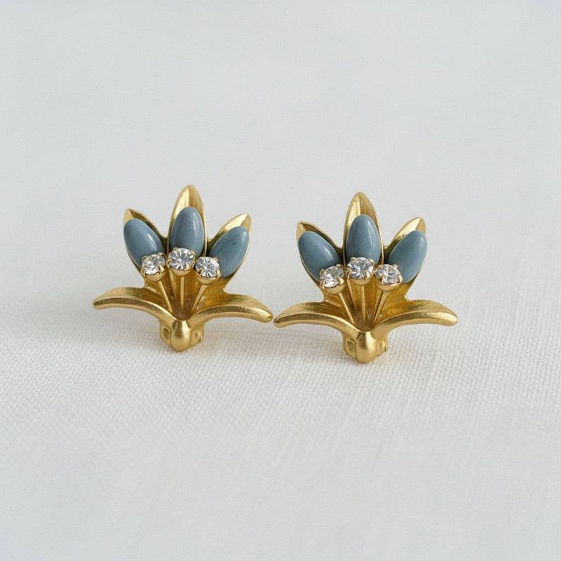 Vintage Floral Drop Earrings with Blue Accents