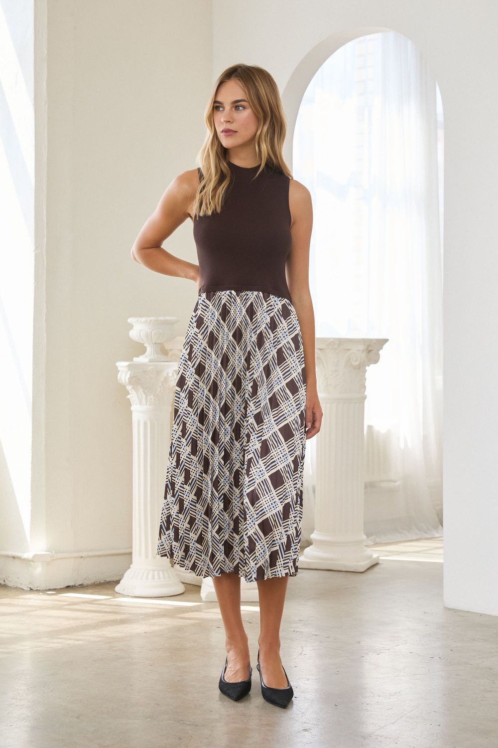 BeBe Plaid Dress, Color: Brown-Blue, Size: Xsmall