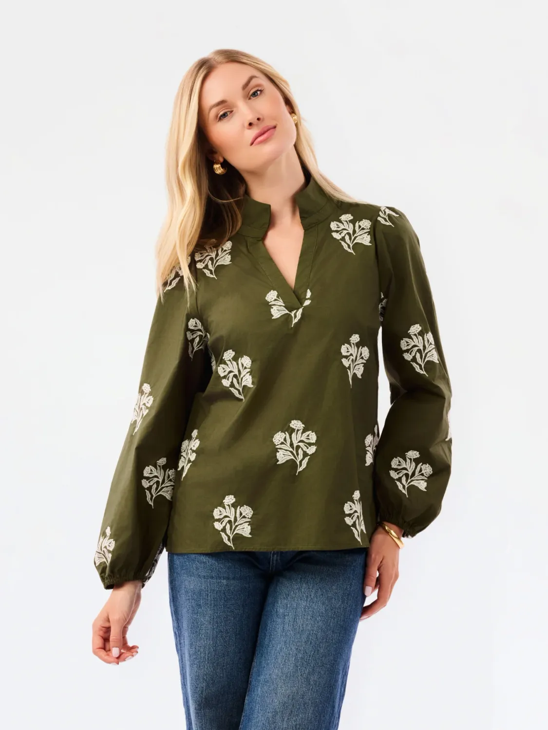 Kayla Embroidered Top, Color: Olive, Size: XS