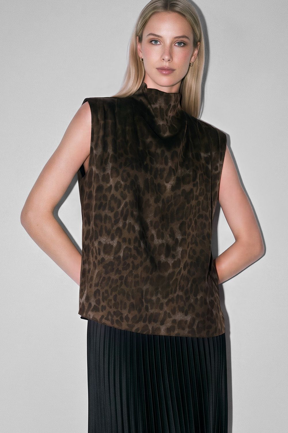 Maggie High Neck Blouse, Color: Black Leopard, Size: XS