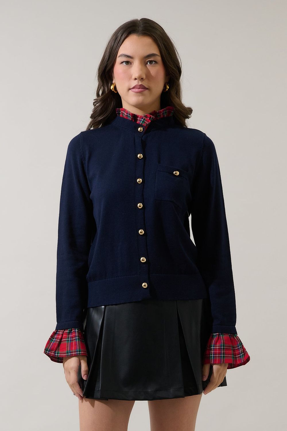Deserie Plaid Cardigan, Color: Navy, Size: Xsmall