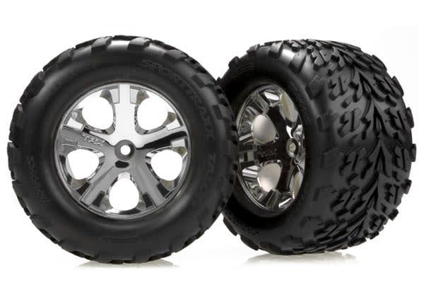TRA3669 Traxxas Tires & wheels, assembled, glued (2.8') (All-Star chrome wheels, Talon tires, foam inserts) (nitro rear/ electric front) (2)