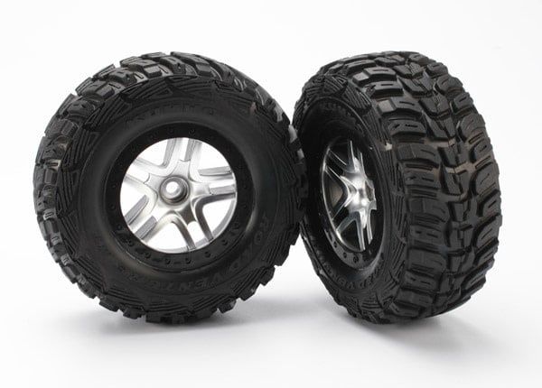 TRA5882 Traxxas Tires & wheels, assembled, glued  (SCT Split-Spoke satin chrome, black beadlock style wheels, Kumho tires, foam inserts) (2) (2WD front)