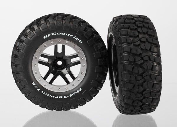 TRA5885 Traxxas Tires & wheels, assembled, glued (SCT Split-Spoke, black, satin chrome beadlock wheels, BFGoodrich Mud-Terrain™ T/A KM2 tires, foam inserts) (2) (2WD Front) TRA5885 Traxxas Tires & wheels, assembled, glued (SCT Split-Spoke, black, satin chrome beadlock wheels, BFGoodrich Mud-Terrain™ T/A KM2 tires, foam inserts) (2) (2WD Front)