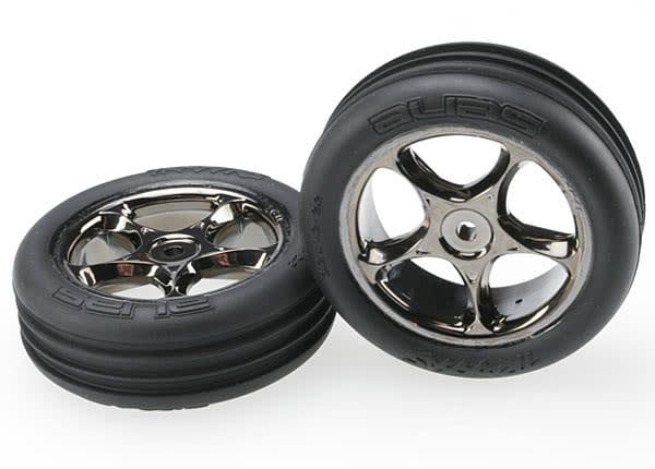TRA2471A Traxxas Tires & wheels, assembled (Tracer 2.2' black chrome wheels, Alias ribbed 2.2' tires) (2) (Bandit front, medium compound w/ foam inserts)
