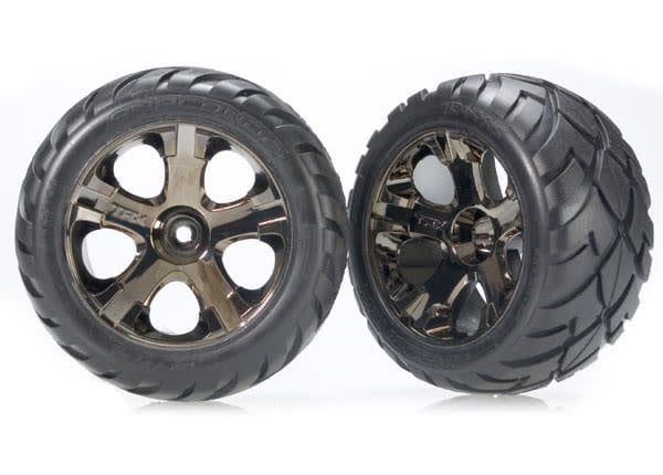 TRA3776A Traxxas Tires & wheels, assembled, glued (All-Star black chrome wheels, Anaconda tires, foam inserts) (nitro rear/ electric front) (1 left, 1 right)
