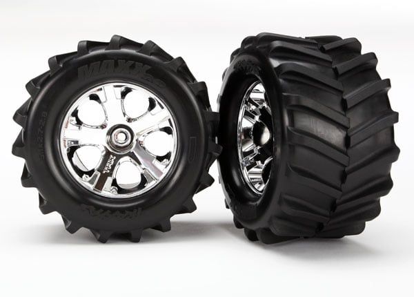 TRA6771 Traxxas Tires and wheels, assembled, glued 2.8' (All-Star chrome wheels, Maxx tires, foam inserts) (2)