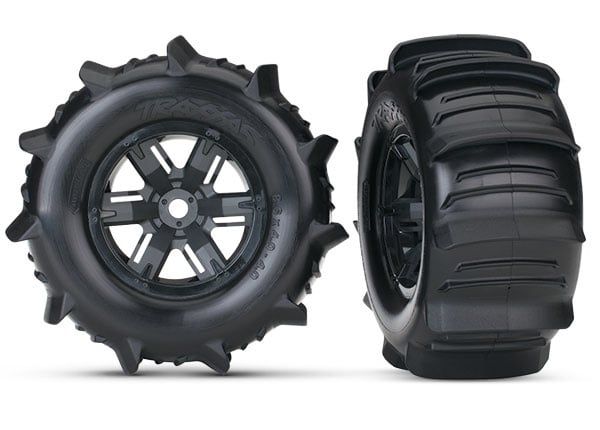 TRA7773 Traxxas Tires & wheels, assembled, glued (X-Maxx black wheels, paddle tires, foam inserts) (left & right) (2)