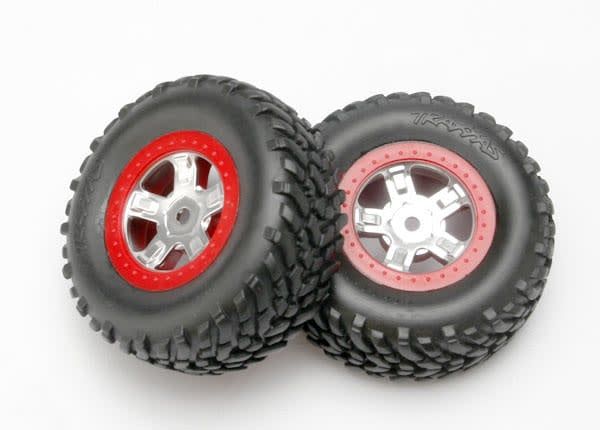 TRA7073A Traxxas Tires and wheels, assembled, glued (SCT satin chrome wheels, red beadlock style, SCT off-road racing tires, foam inserts) (1 each, right & left)