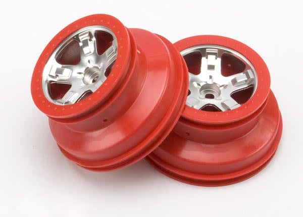 TRA5874A Traxxas Wheels, SCT satin chrome, red beadlock style, dual profile (2.2' outer, 3.0' inner) (2WD front) (2)